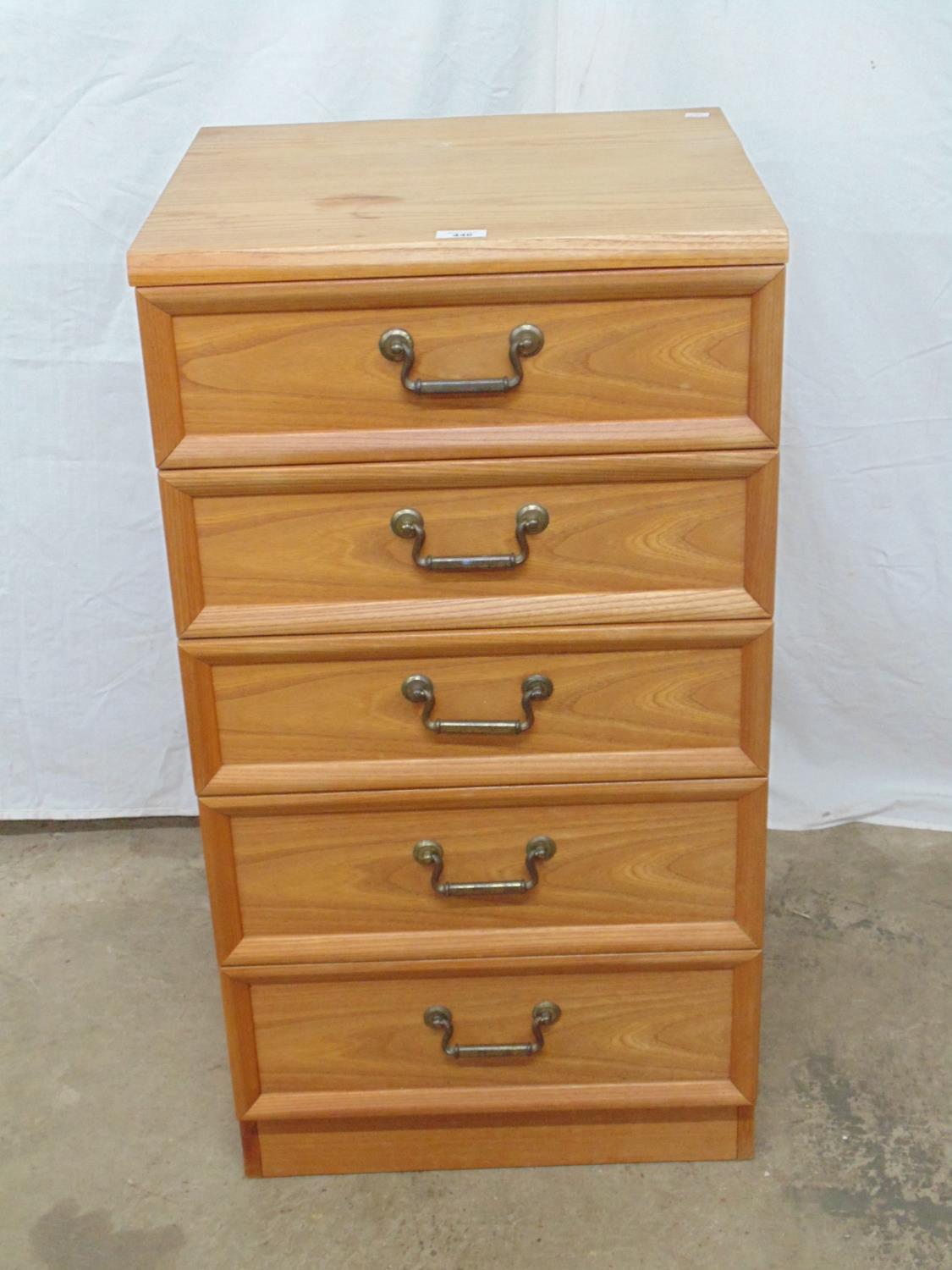 G-Plan chest of five drawers, standing on a plinth base - 51cm x 46cm x 94cm tall (damage to top