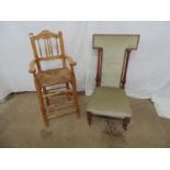 Rustic pine rush seated high chair having naive carved cresting rail over turned spindles,