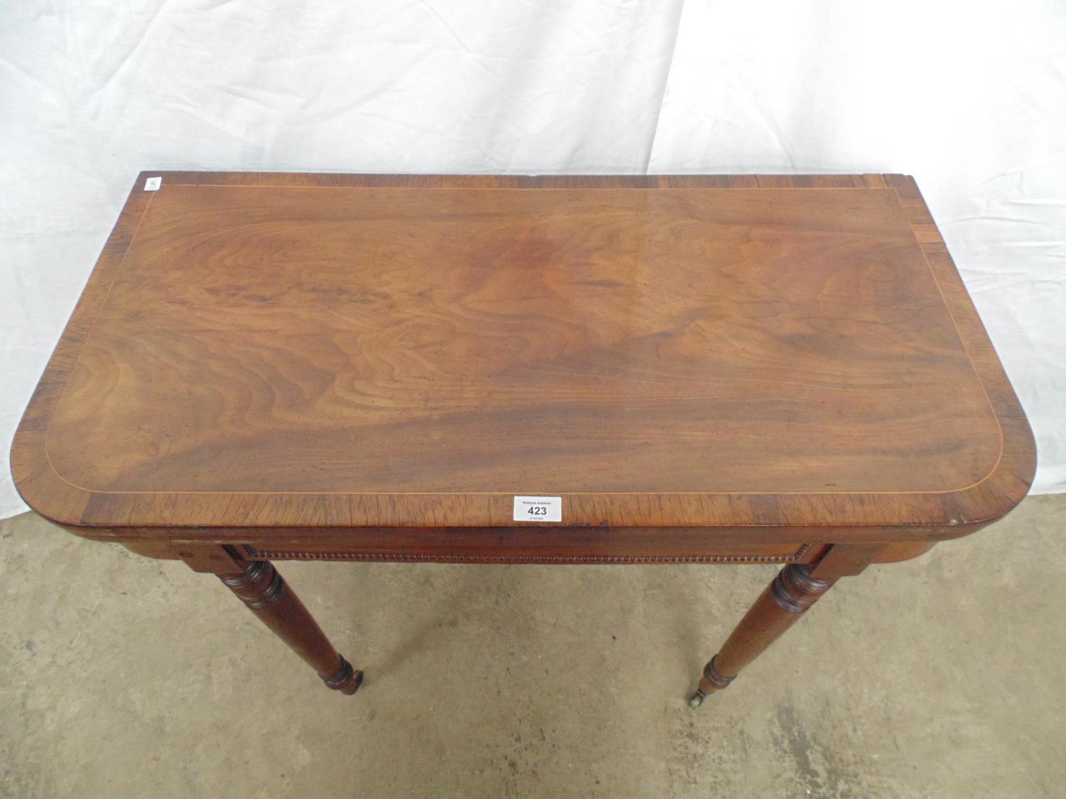 Inlaid mahogany card table having green baized playing surface over four turned legs ending in - Image 2 of 7