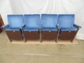 Four fold up cinema seats having padded seats, backs and arms united by iron bases - 225cm x 57cm