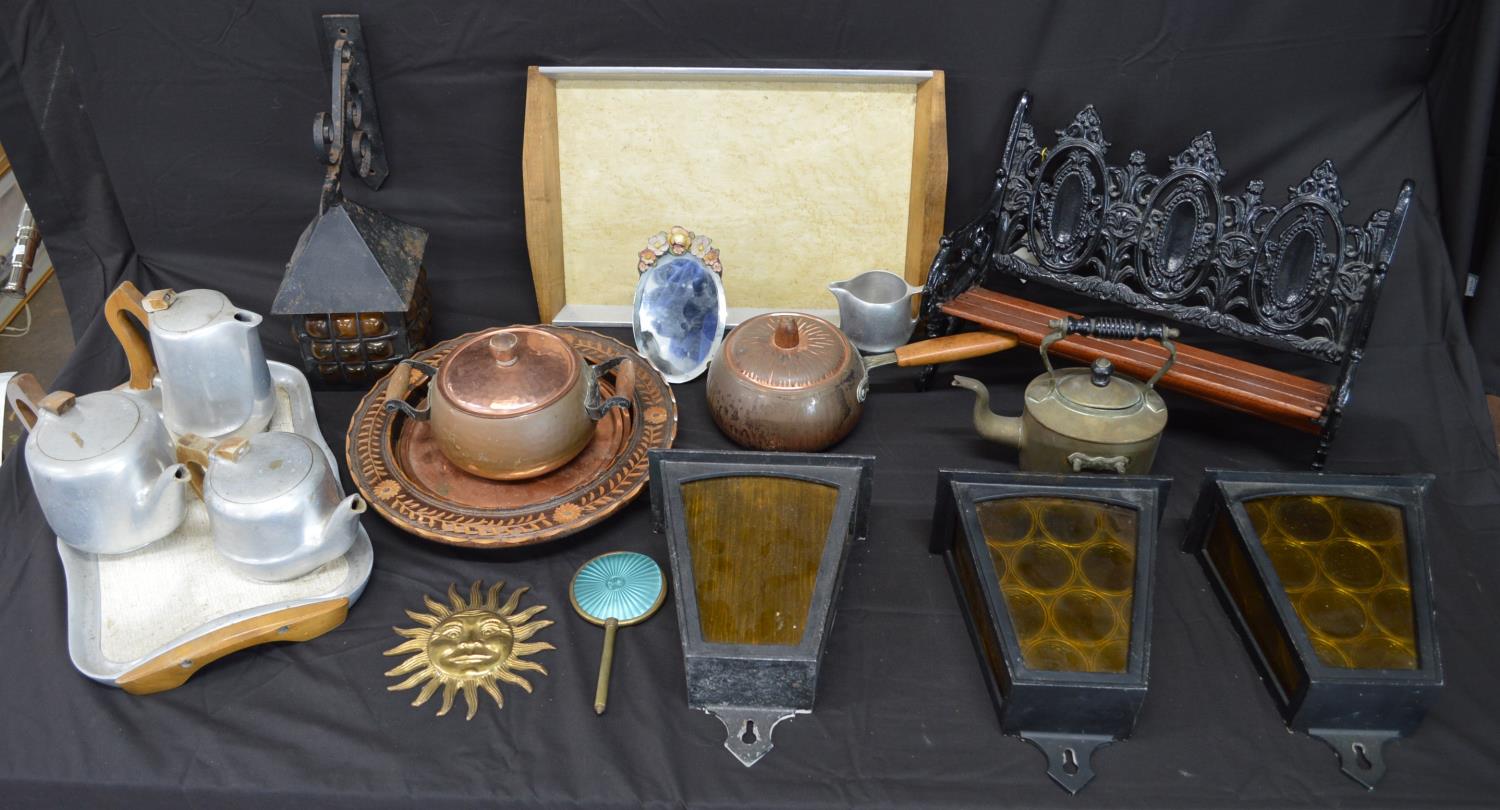 Collection of sundries to include: copper pans, brass kettle, Picquot tea ware and wall lights etc - Image 2 of 2