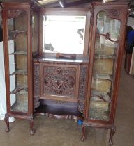 Mahogany display cabinet with mirror back, standing on carved cabriole legs - 155cm x 46cm x 181cm