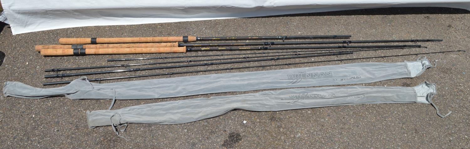 Two Drennan Specialist 11' two piece fishing rods together with a Drennan Tench Float 12'9" three