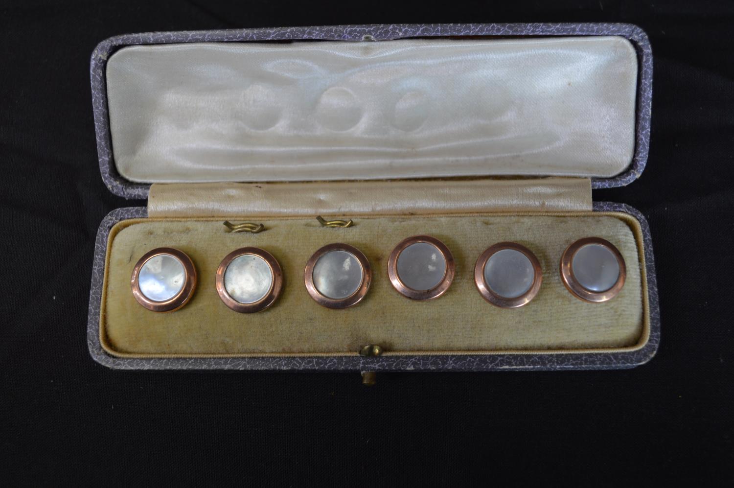 Cased set of six yellow metal and Mother of Pear buttons (four fasteners missing) together with - Image 2 of 5