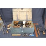 Painted wooden chest containing a quantity of vintage hand tools together with a set of chimney