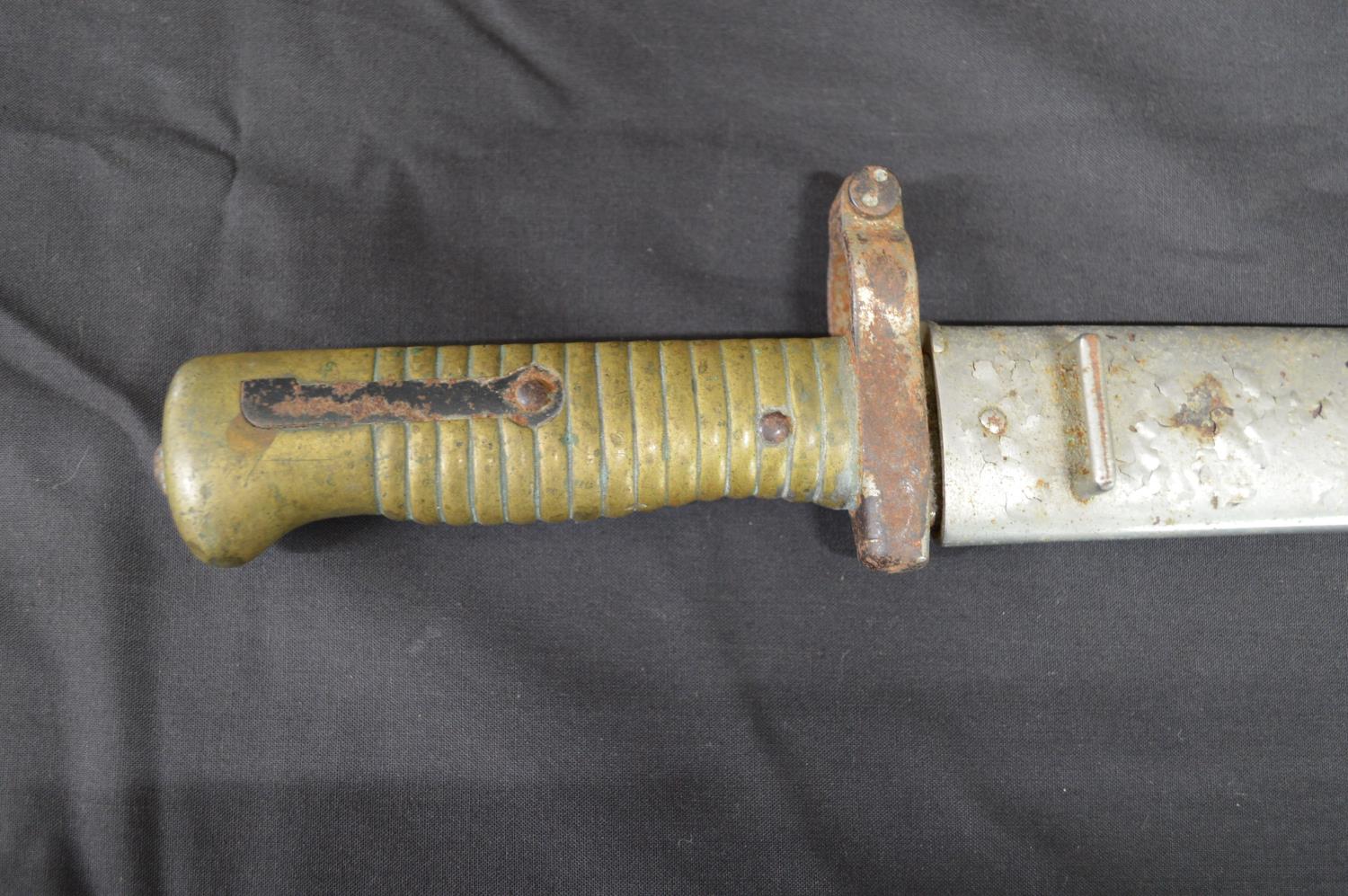 French brass handle bayonet with metal scabbard having inscription and dated 1873 to spine of - Image 5 of 6