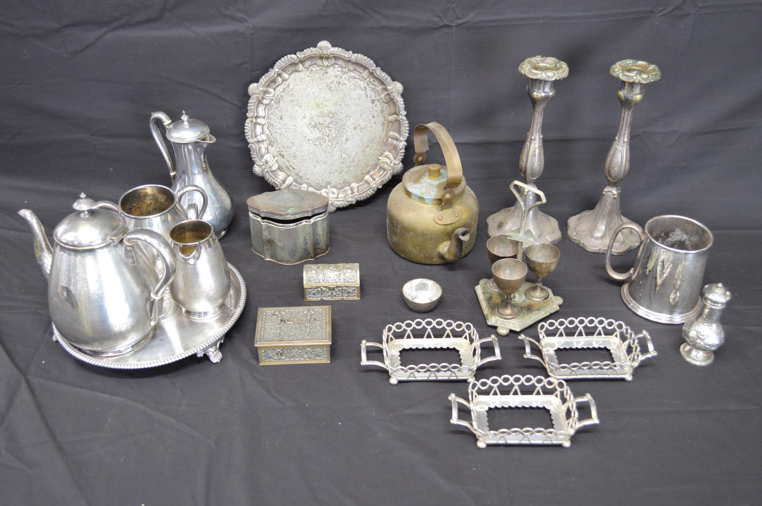 Collection of silverplate and metalware to include: four piece teaset, salver, pair of candlesticks, - Image 2 of 2