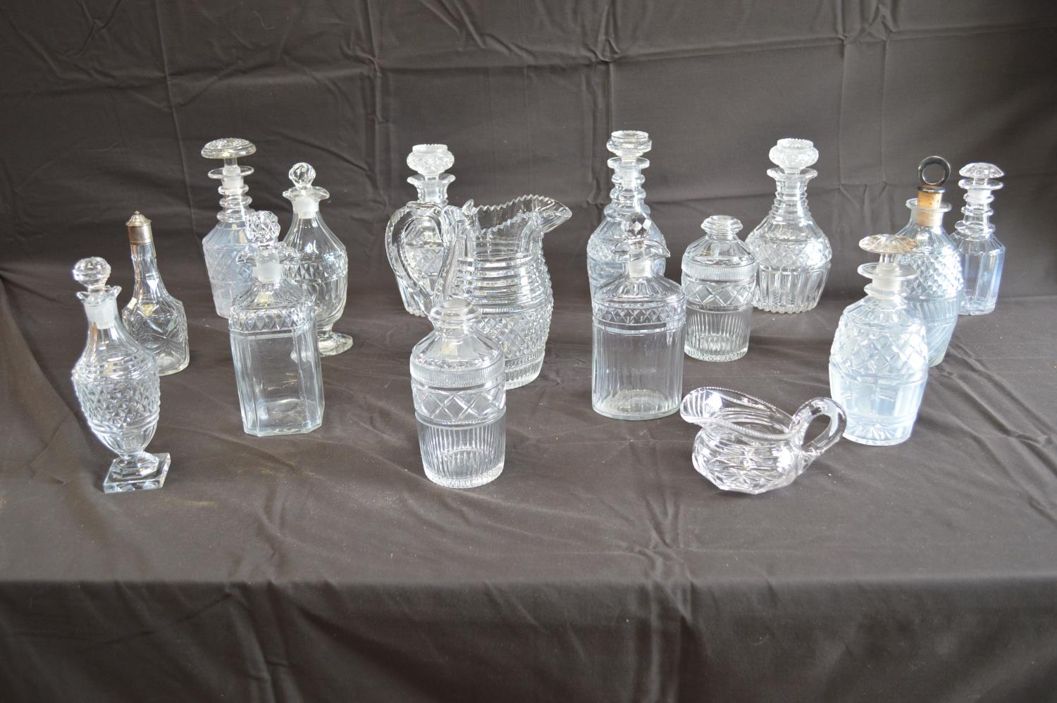 Selection of Georgian, Victorian and later glassware to include: decanters, jugs and stemmed