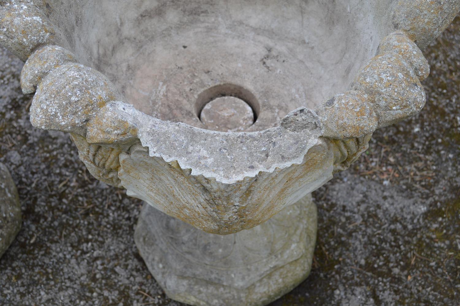 Pair of acanthus/cabbage leaf formed urns standing on octagonal formed bases - 48cm x 60cm tall (one - Image 2 of 2