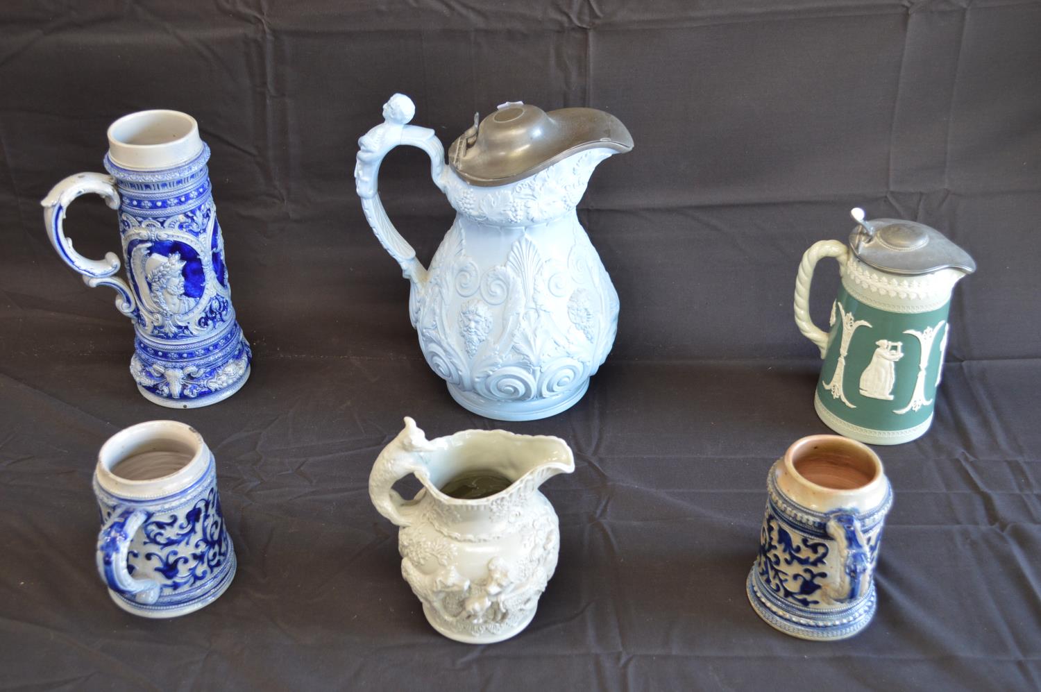 Group of ceramics to include: two tankards, beer stein, two salt glaze pitchers and Dudson pewter - Image 3 of 3