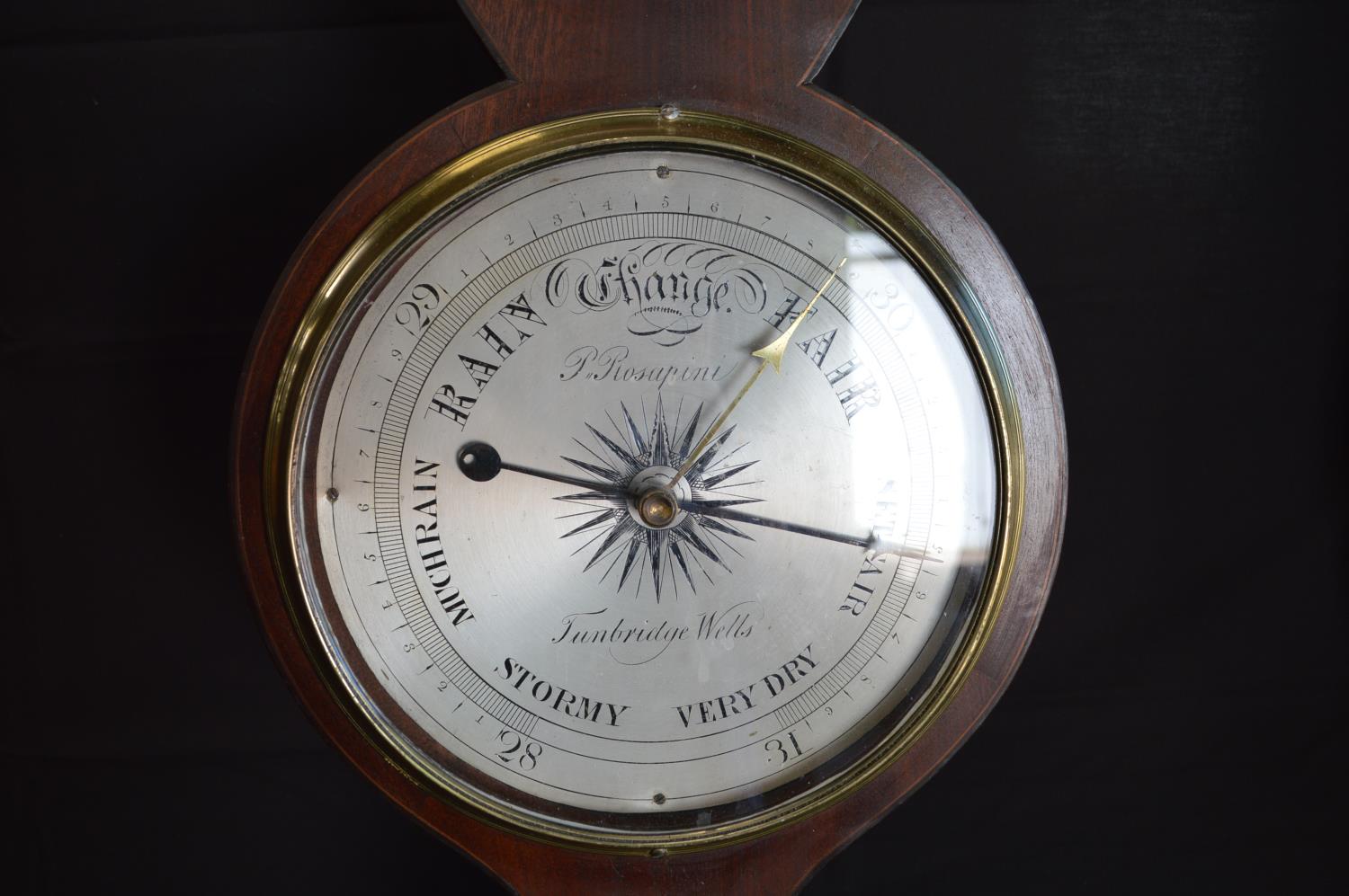 P Rosapini, Tunbridge Wells inlaid mahogany cartwheel barometer with silvered dial - 97cm tall - Image 2 of 2