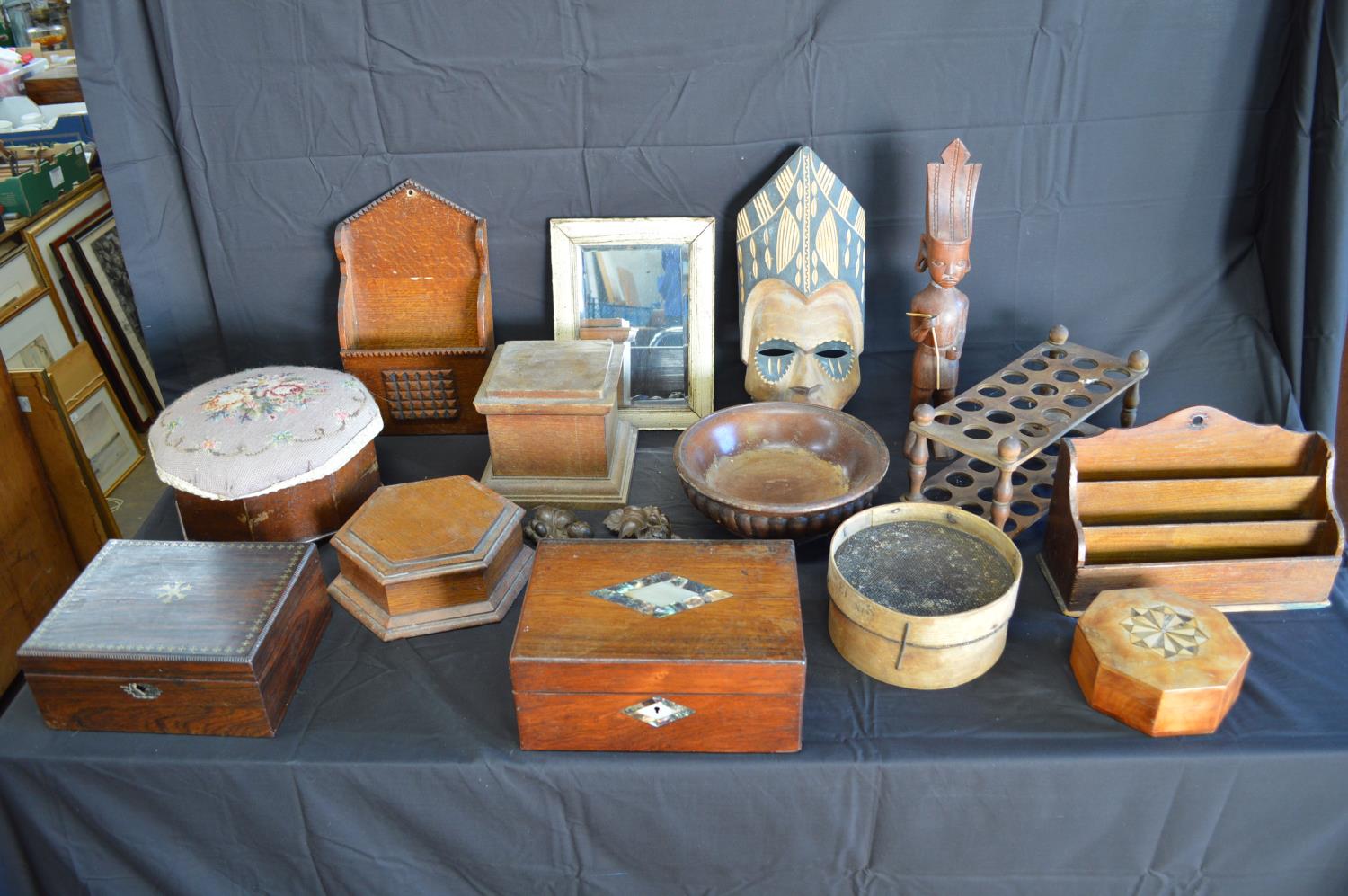 Collection of sundry wooden items to include: two letter racks, carved figure, mask, foot stool