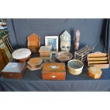 Collection of sundry wooden items to include: two letter racks, carved figure, mask, foot stool