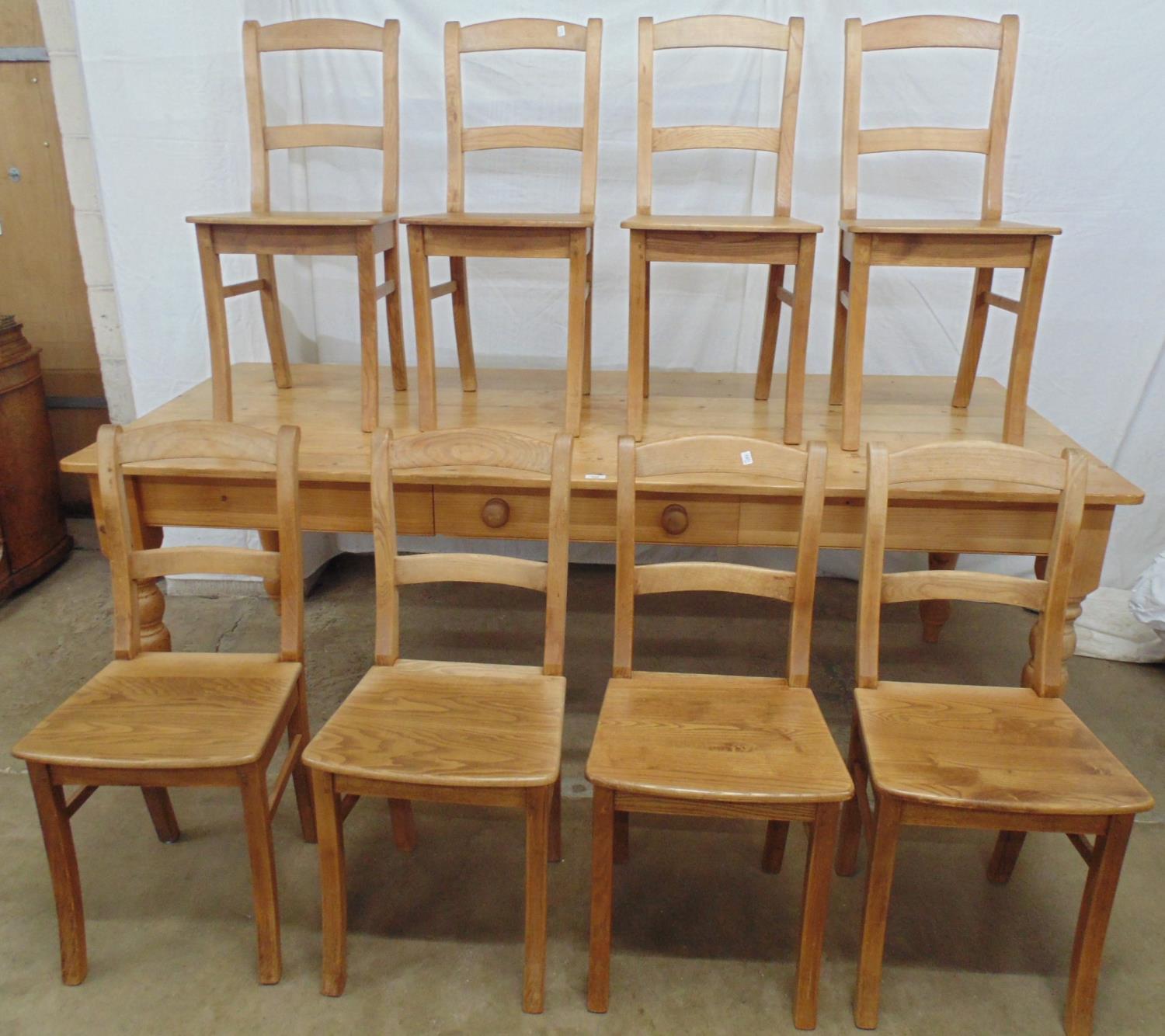 Large modern pine kitchen table having single drawer, standing on turned legs - 211cm x 91cm x