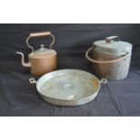 Group of three pieces of copper ware to comprise: kettle, lidded cooking pan and two handled pan