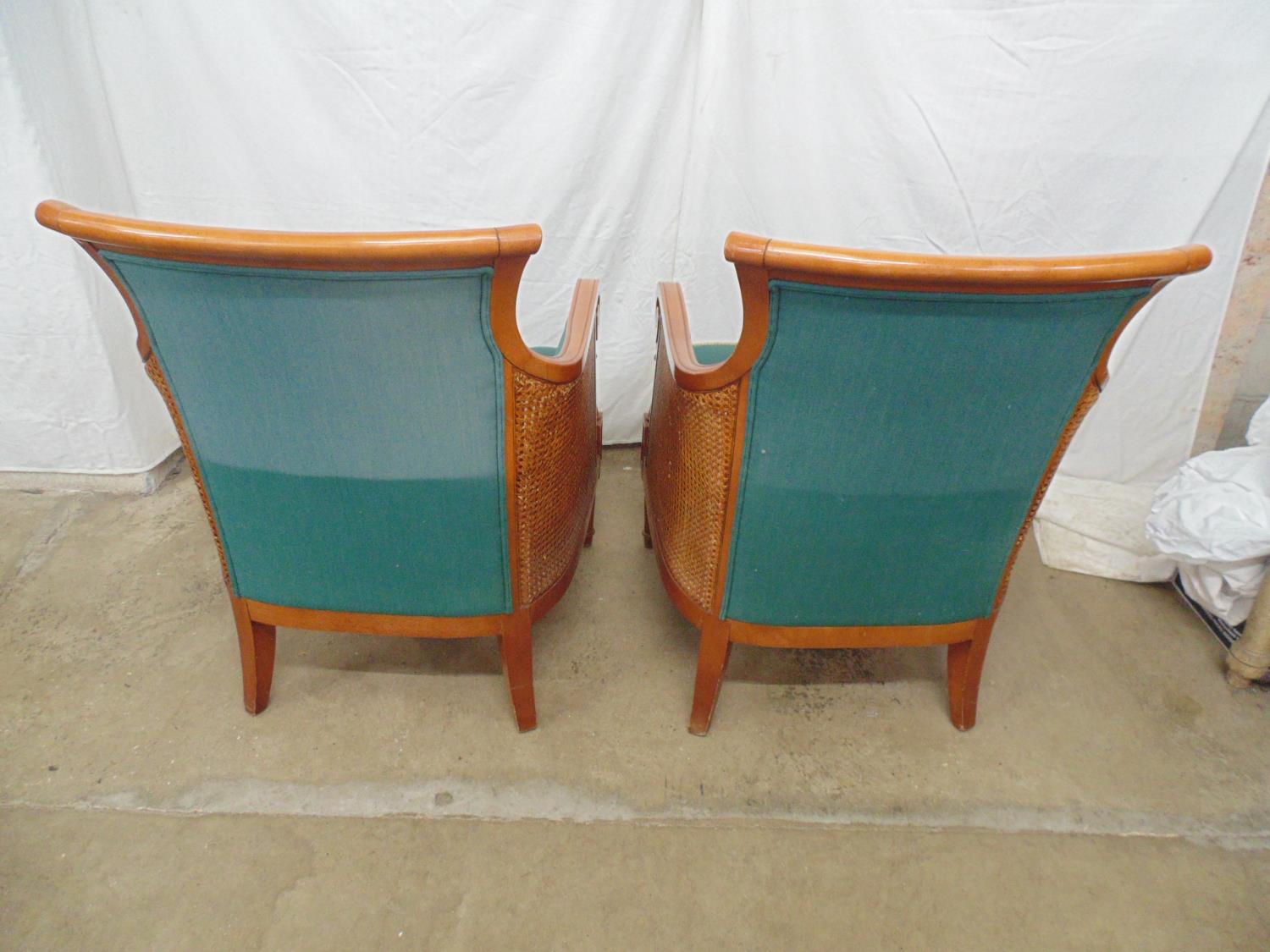 Pair of modern hardwood framed cane sided armchairs having scrolled cresting rail, padded seats - Image 3 of 4