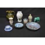 Group of ceramics to include: Portmeirion vase - 20.5cm tall, two Studio pottery bowls, small flagon
