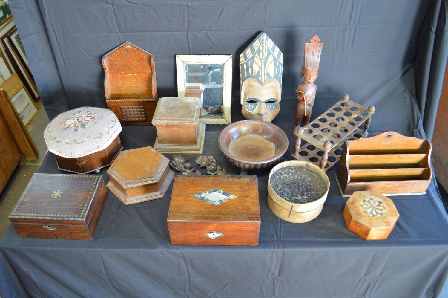 Collection of sundry wooden items to include: two letter racks, carved figure, mask, foot stool - Image 2 of 3