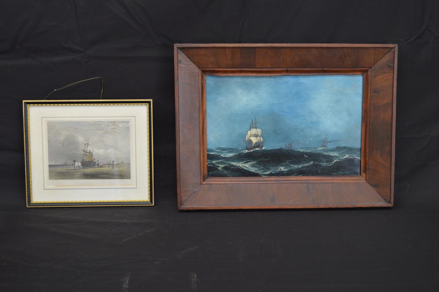 Wooden model of a galleon on stand - 58cm long together with an unsigned oil on canvas of a masted - Image 2 of 4