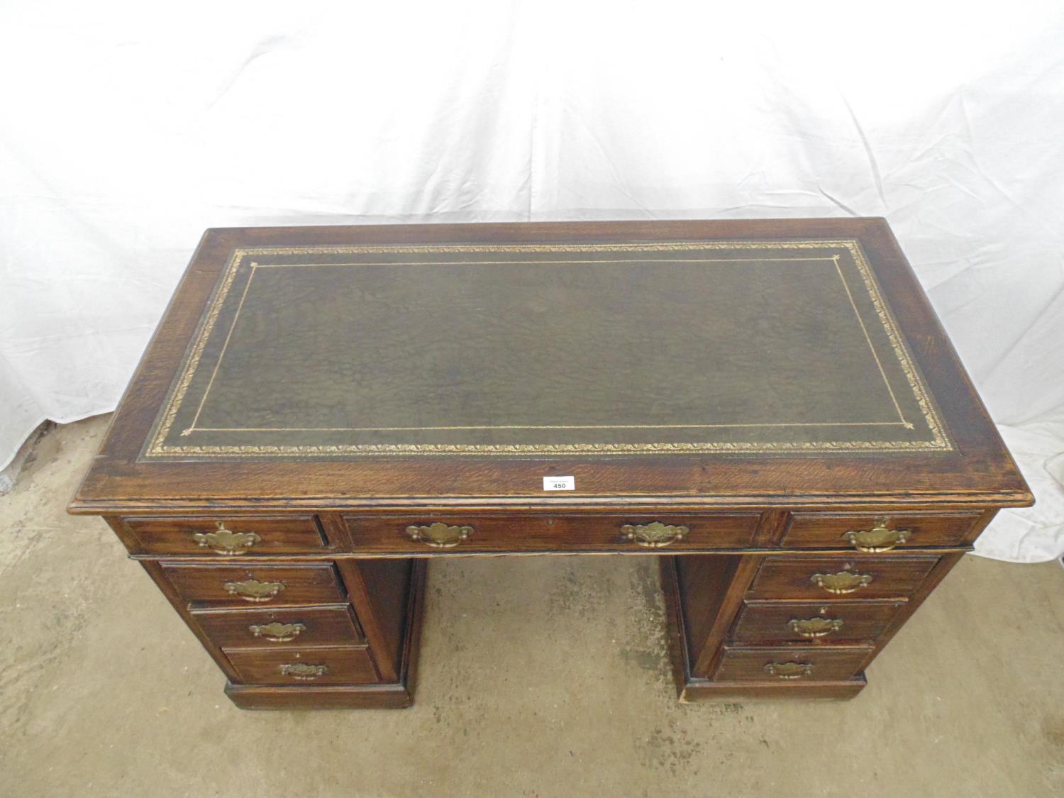 Oak twin pedestal desk having gilt tooled green leather inset top with an arrangement of nine - Image 2 of 5