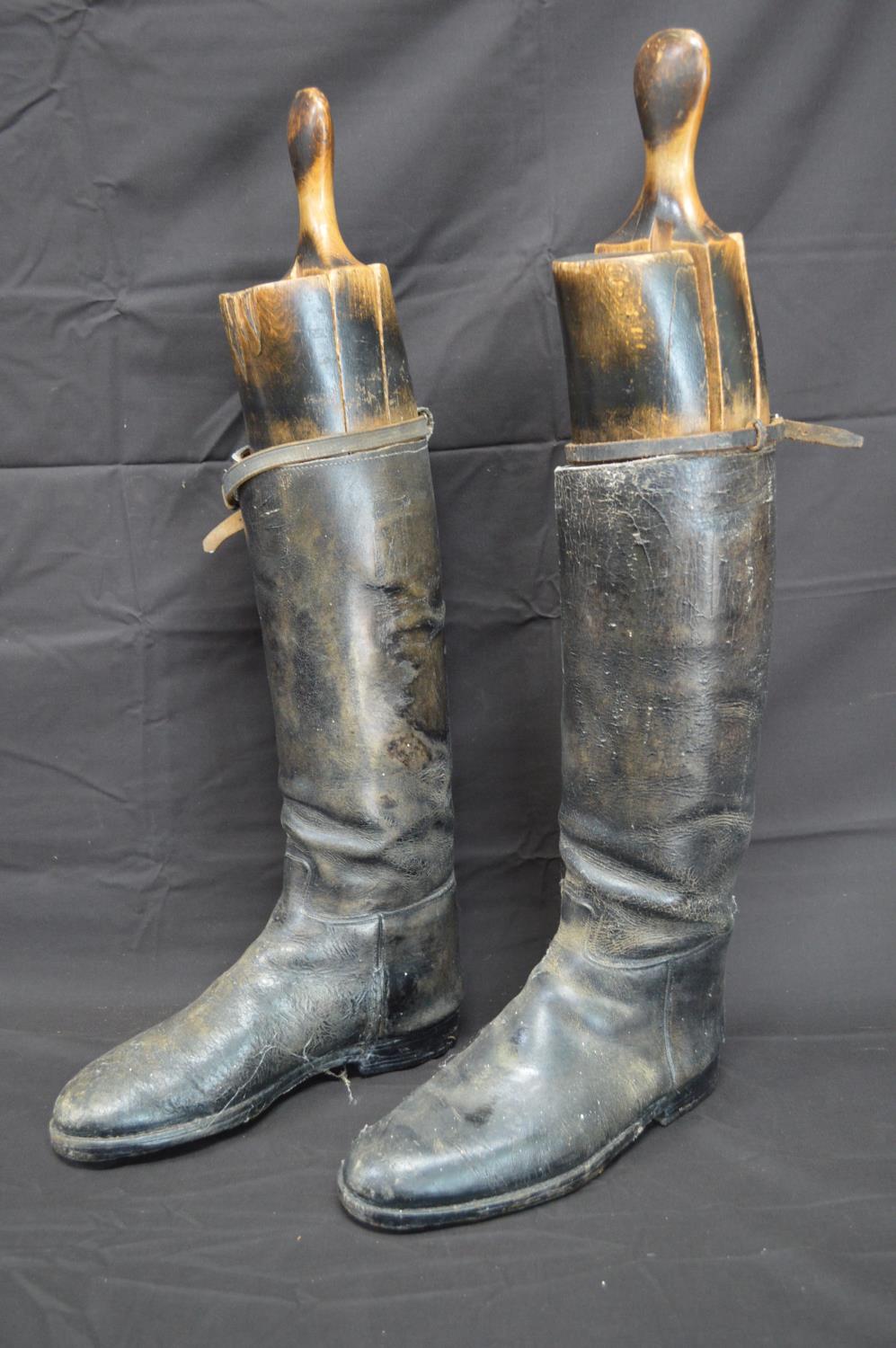 Pair of black leather riding boots with wooden trees Please note descriptions are not condition - Image 2 of 4