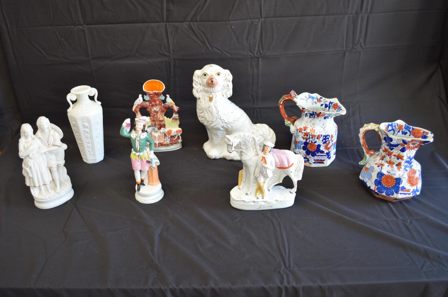 Group of ceramics to comprise: two Staffordshire figures, Staffordshire dog, Staffordshire vase, - Image 2 of 3