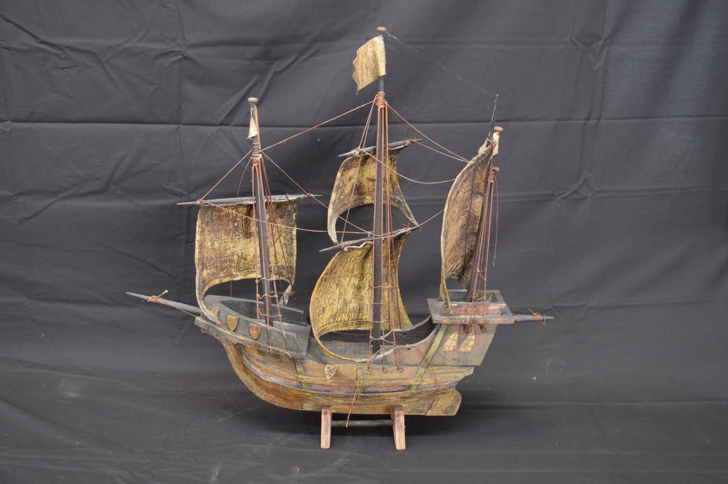 Wooden model of a galleon on stand - 58cm long together with an unsigned oil on canvas of a masted - Image 4 of 4