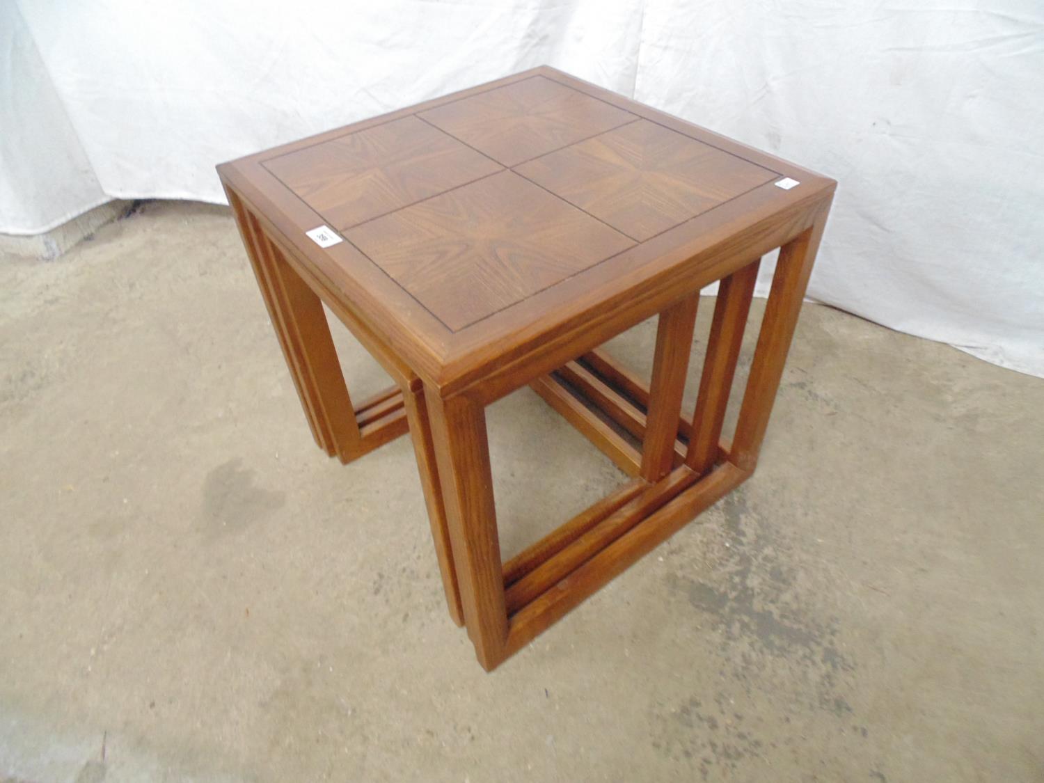 Nest of G-Plan tables having quartered parquetry style top - largest 51cm x 51cm x 50cm tall - Image 2 of 3