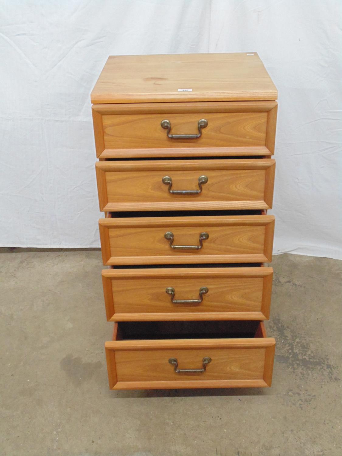 G-Plan chest of five drawers, standing on a plinth base - 51cm x 46cm x 94cm tall (damage to top - Image 2 of 4