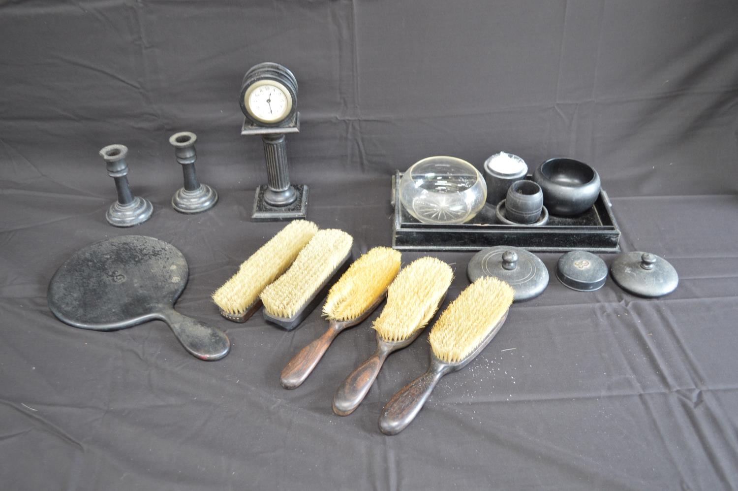 Group of ebony dressing table items to include: hand mirror, brushes, pots and clock etc Please note - Image 3 of 3