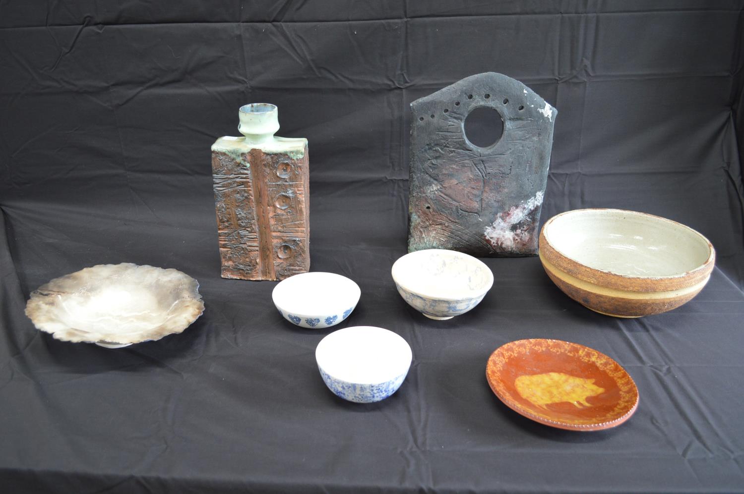 Group of studio pottery pieces to comprise: five bowls - largest 16.5cm wide, dish, vase - 29.5cm