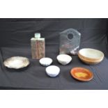 Group of studio pottery pieces to comprise: five bowls - largest 16.5cm wide, dish, vase - 29.5cm