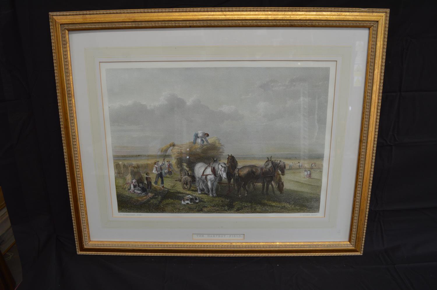 J Cousen coloured engraving titled The Harvest-Field - 53cm x 38cm in mounted glazed gilt frame