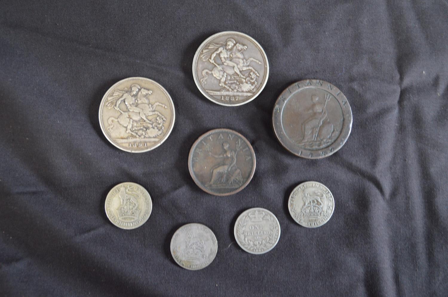 Collection of mainly British pre-decimal coins to include: 1797 Cartwheel 2 pence, 1891 Crown, - Bild 3 aus 4