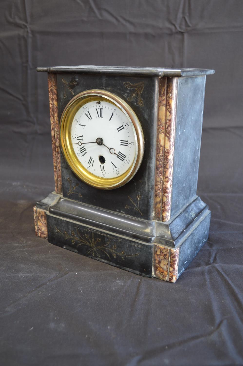 Slate and marble mantle clock with gilt highlights, white enamel dial, black Roman Numerals and - Image 3 of 3