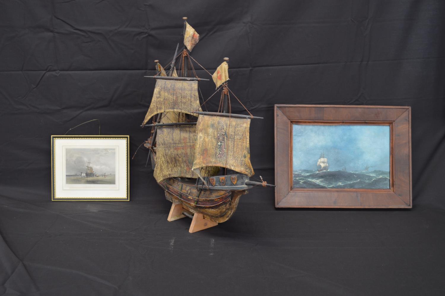 Wooden model of a galleon on stand - 58cm long together with an unsigned oil on canvas of a masted