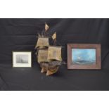 Wooden model of a galleon on stand - 58cm long together with an unsigned oil on canvas of a masted