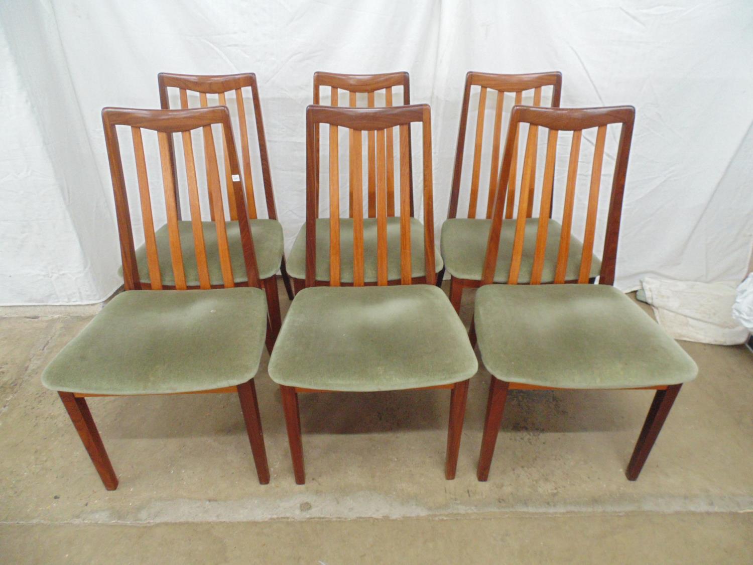 Set of six mid century G-Plan teak dining chairs having slatted backs and padded seats, standing - Image 5 of 6