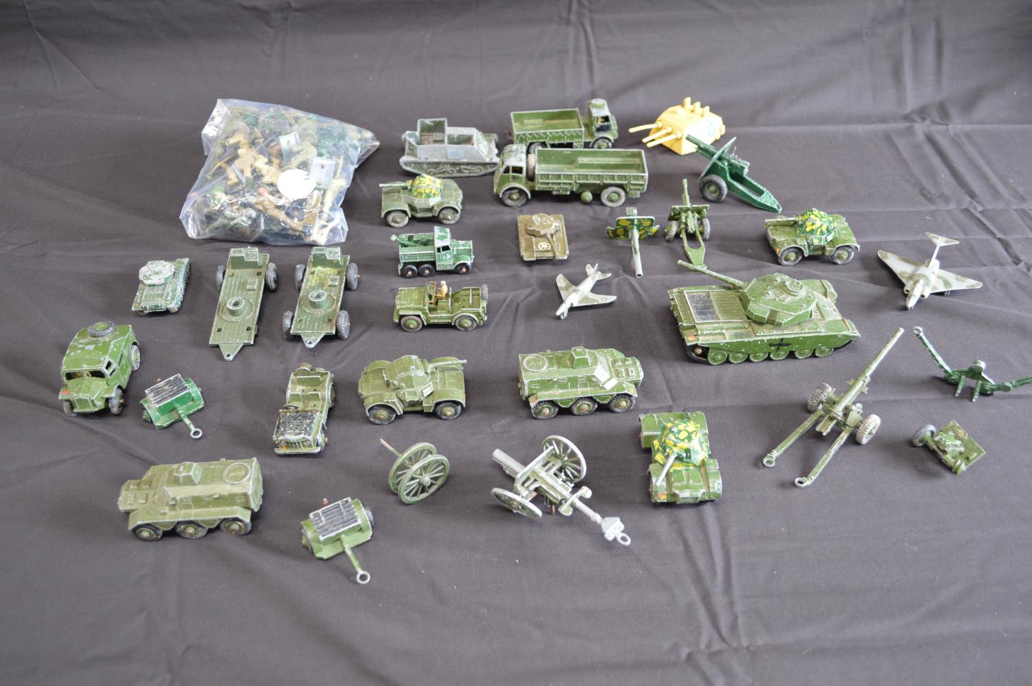 Collection of Dinky toys and other playworn military vehicles together with a quantity of plastic