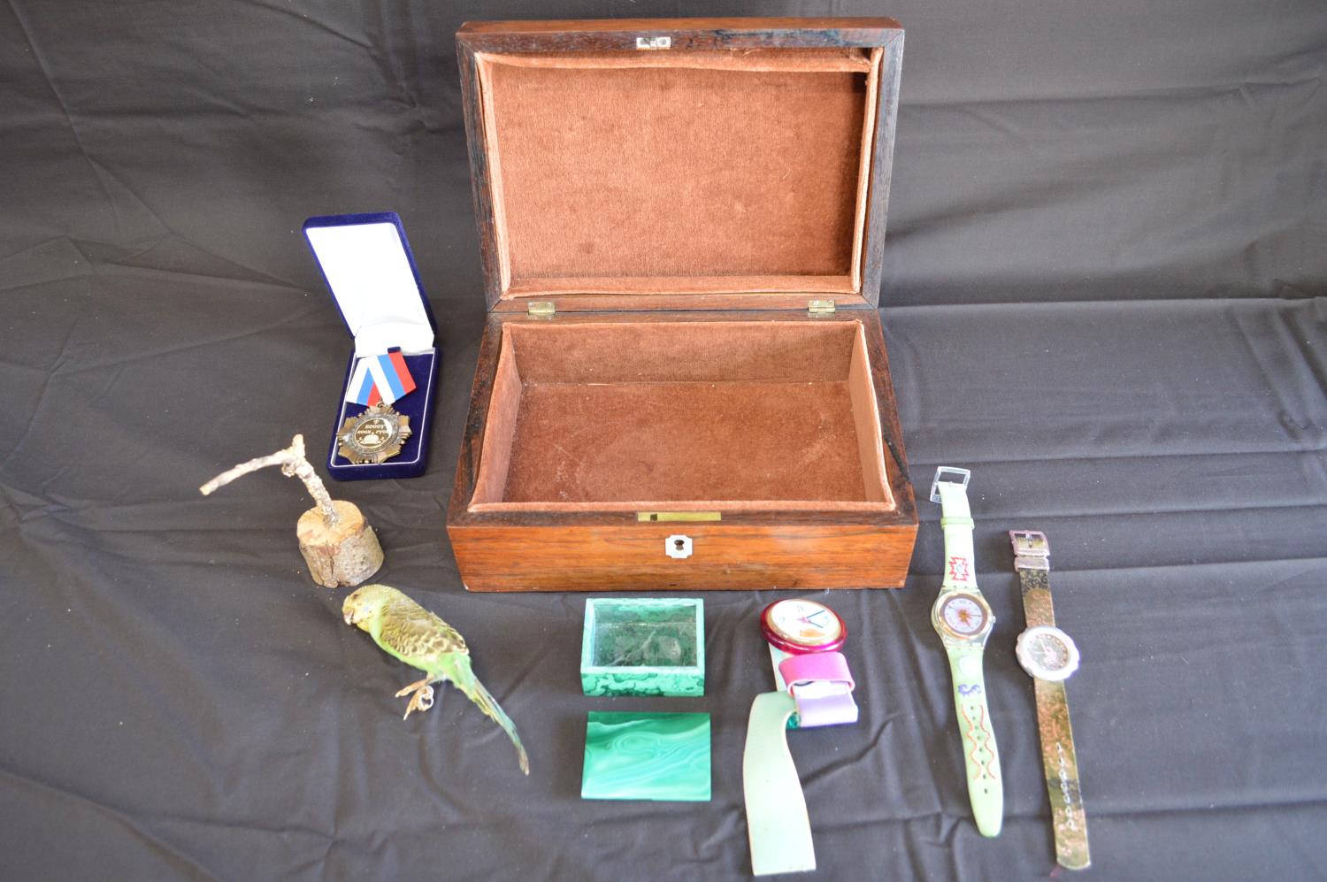 Group of sundry items to include: rosewood box, taxidermy budgie, two Swatch watches, Malachite