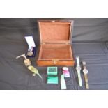 Group of sundry items to include: rosewood box, taxidermy budgie, two Swatch watches, Malachite