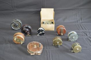 Group of ten vintage fishing reels to include: Strike Right Tideflo, Mrs Hardings Cambridge