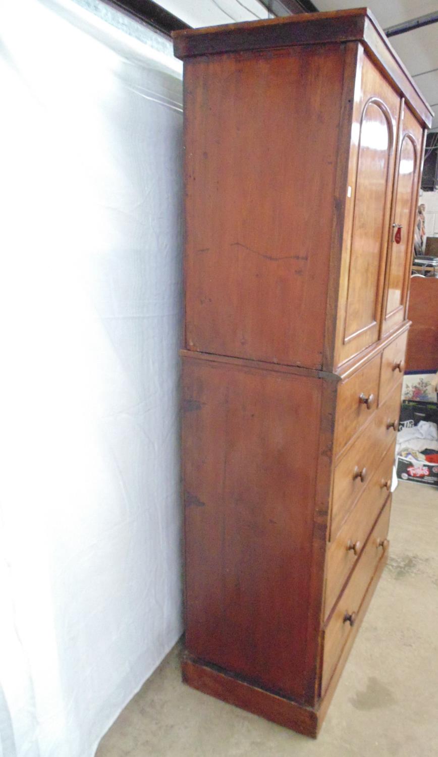 Victorian mahogany cupboard on chest the arched panelled doors opening to a single fixed shelf - Image 3 of 7