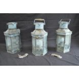 Three Bulpitt & Sons cabin lanterns each having mounting bracket to back and top carrying handle -