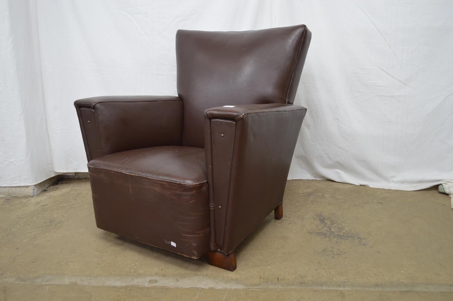 Brown leatherette Art Deco style club armchair on oak feet - 87cm x 83cm x 88cm tall Please note - Image 2 of 5