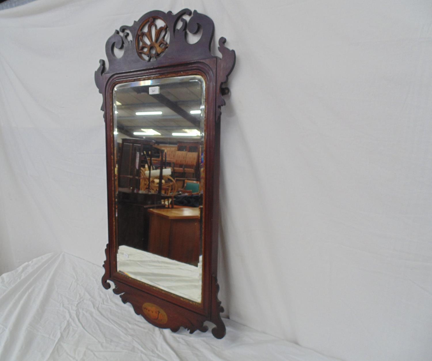 Mahogany bevel edge mirror having fretwork frame with shell decoration - 106cm x 56cm (split to - Image 2 of 3