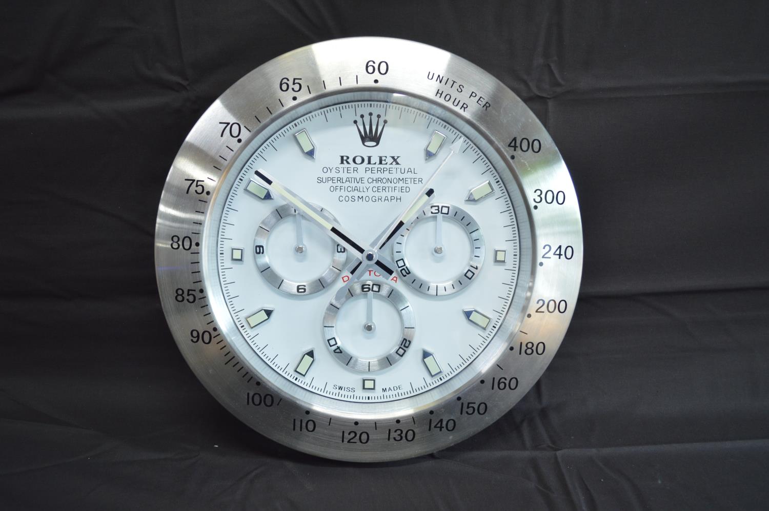 Rolex Dealer display A6409 wall clock with Quartz movement - 34cm dia Please note descriptions are