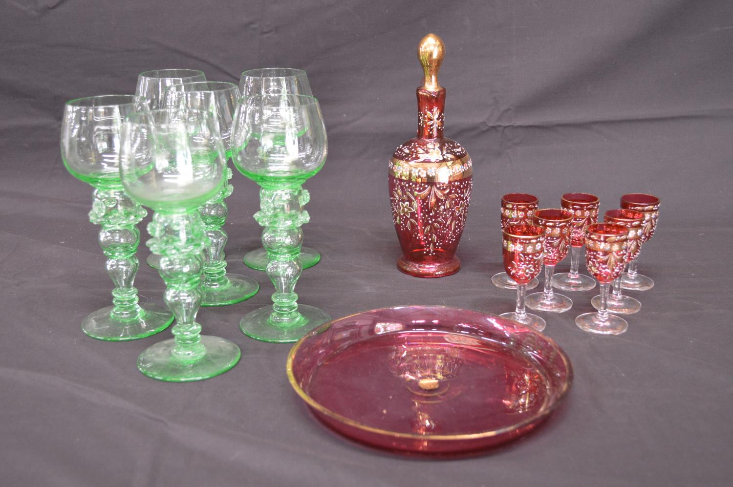 Set of six green glass Roemer glasses - 19.5cm tall together with hand painted Cranberry glass