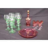 Set of six green glass Roemer glasses - 19.5cm tall together with hand painted Cranberry glass