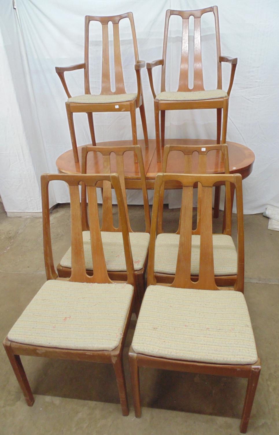 Set of six Nathan chairs (two carvers and four standard - one loose seat) - 47cm x 44cm x 96cm